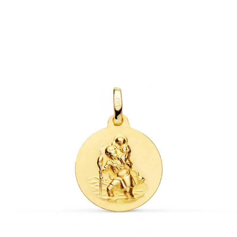 18K MEDALLA ORO AMARILLO SAN CRISTOBAL LISA MATIZADA 16 MM