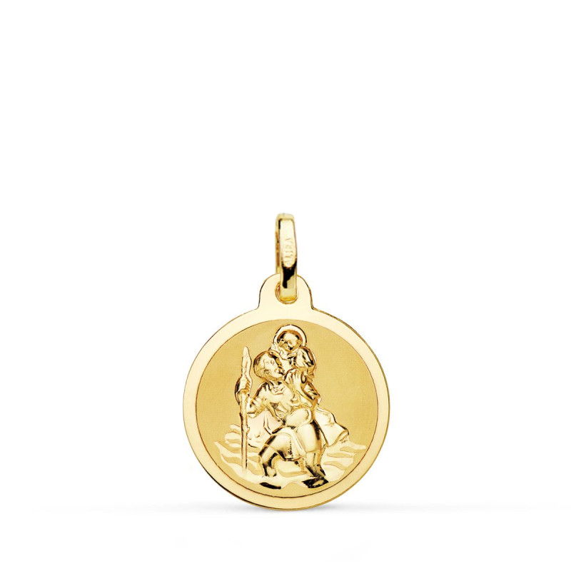 18K MEDALLA ORO AMARILLO SAN CRISTOBAL BRILLO Y MATE 16 MM
