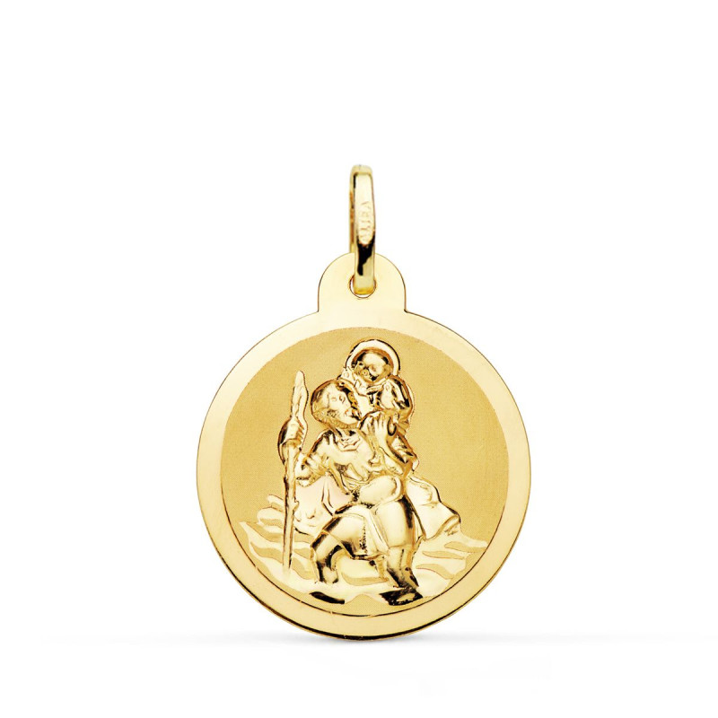 18K MEDALLA ORO AMARILLO SAN CRISTOBAL BRILLO Y MATE 22 MM