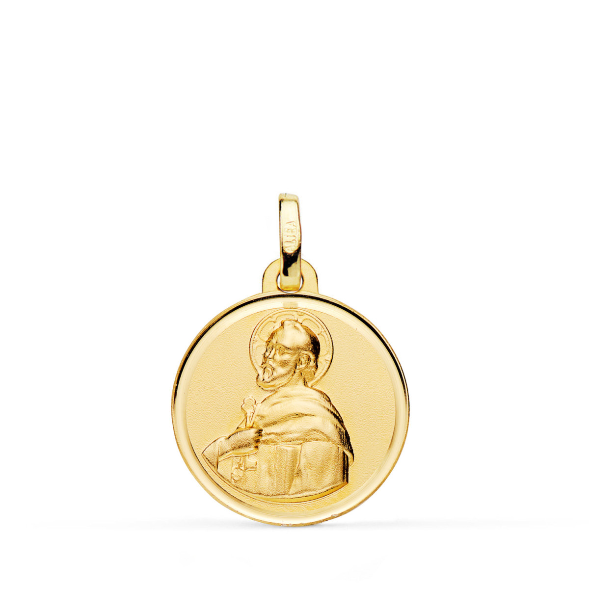 18K MEDALLA ORO AMARILLO SAN PEDRO BISEL MATIZADA 18 MM.