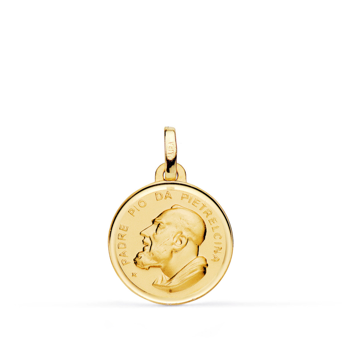 18K MEDALLA ORO AMARILLO PADRE PIO CON BISEL Y MATIZADA. MEDIDA: 16 MM