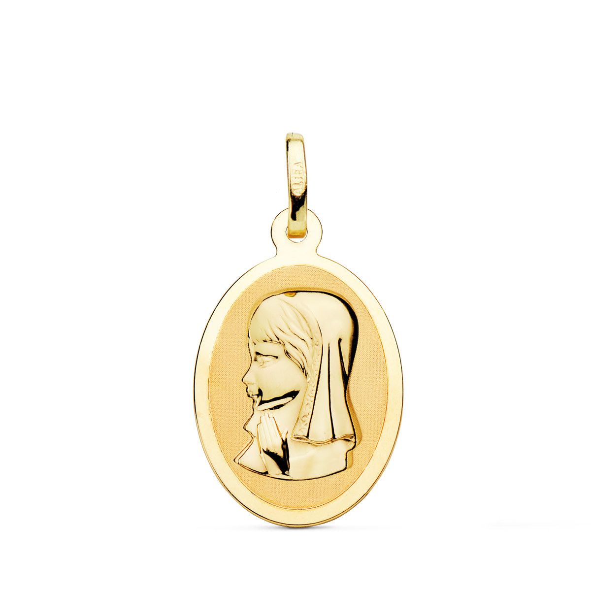 18K MEDALLA ORO AMARILLO VIRGEN NIÑA OVAL EN BRILLO 21X15 MM