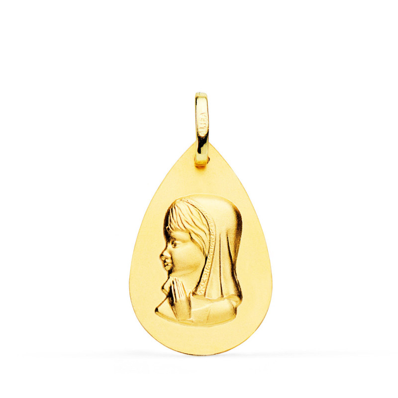 18K MEDALLA ORO AMARILLO VIRGEN NIÑA GOTA LISO 23X15 MM