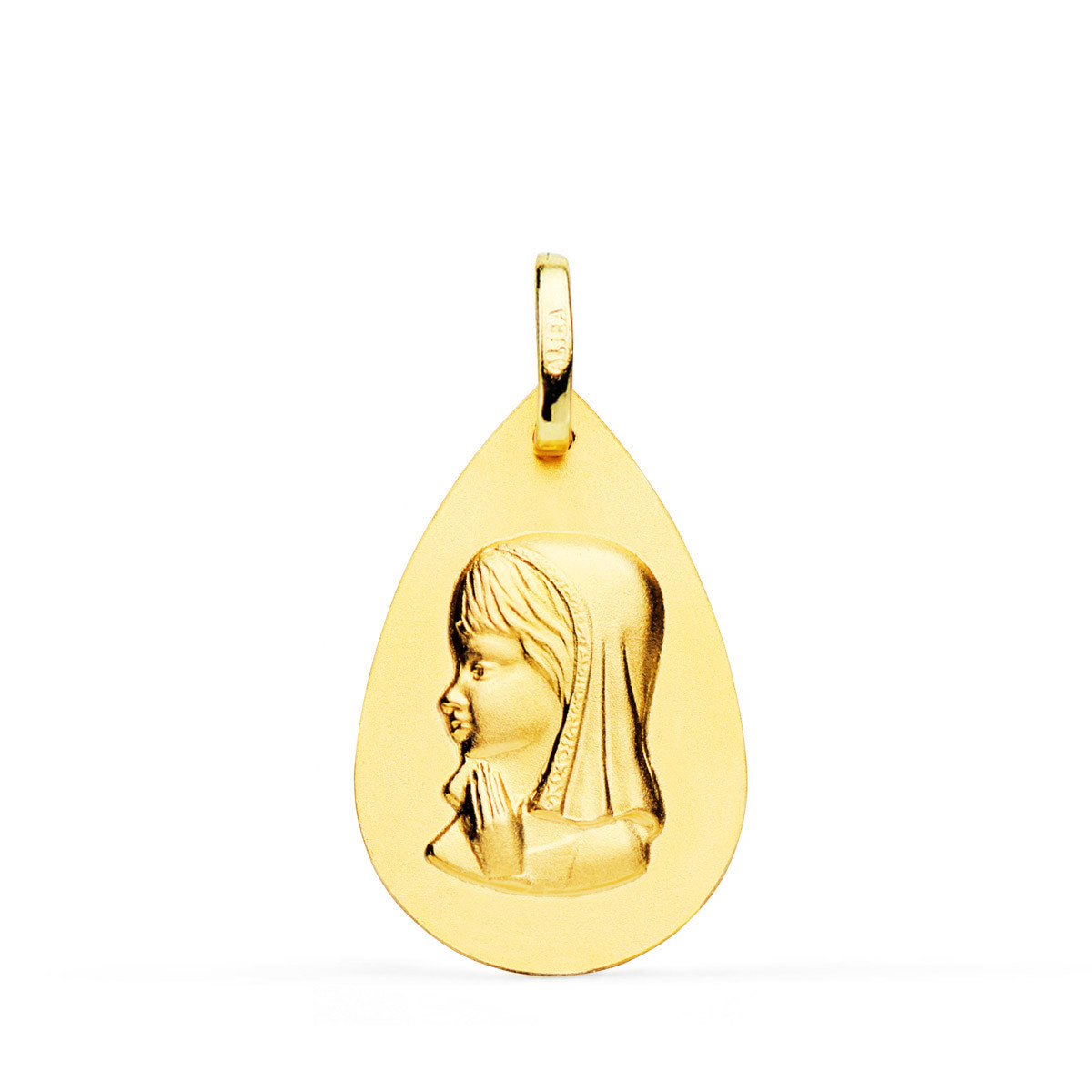 18K MEDALLA ORO AMARILLO VIRGEN NIÑA GOTA LISO 23X15 MM