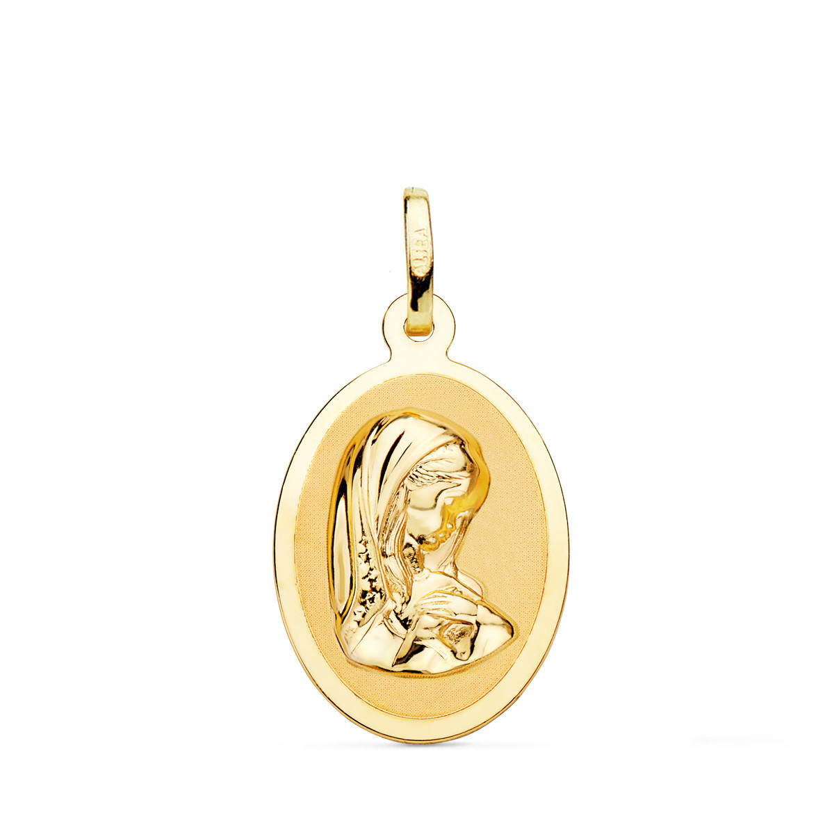 18K MEDALLA ORO AMARILLO VIRGEN NIÑA OVAL EN BRILLO 21X15 MM