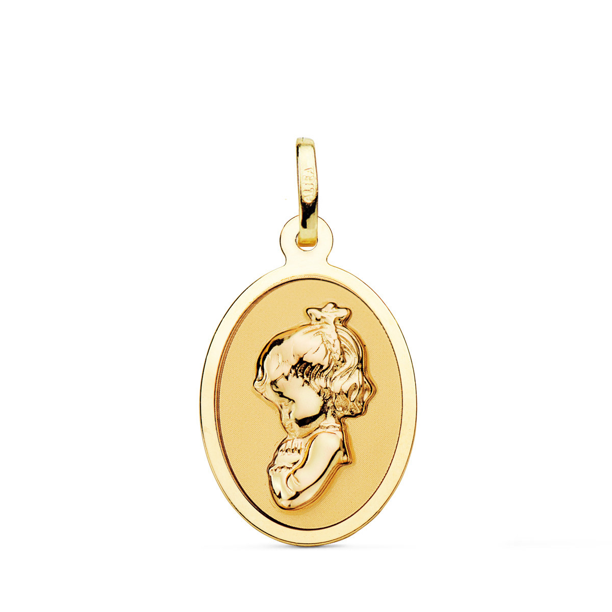18K MEDALLA ORO AMARILLO VIRGEN NIÑA OVAL EN BRILLO 21X15 MM