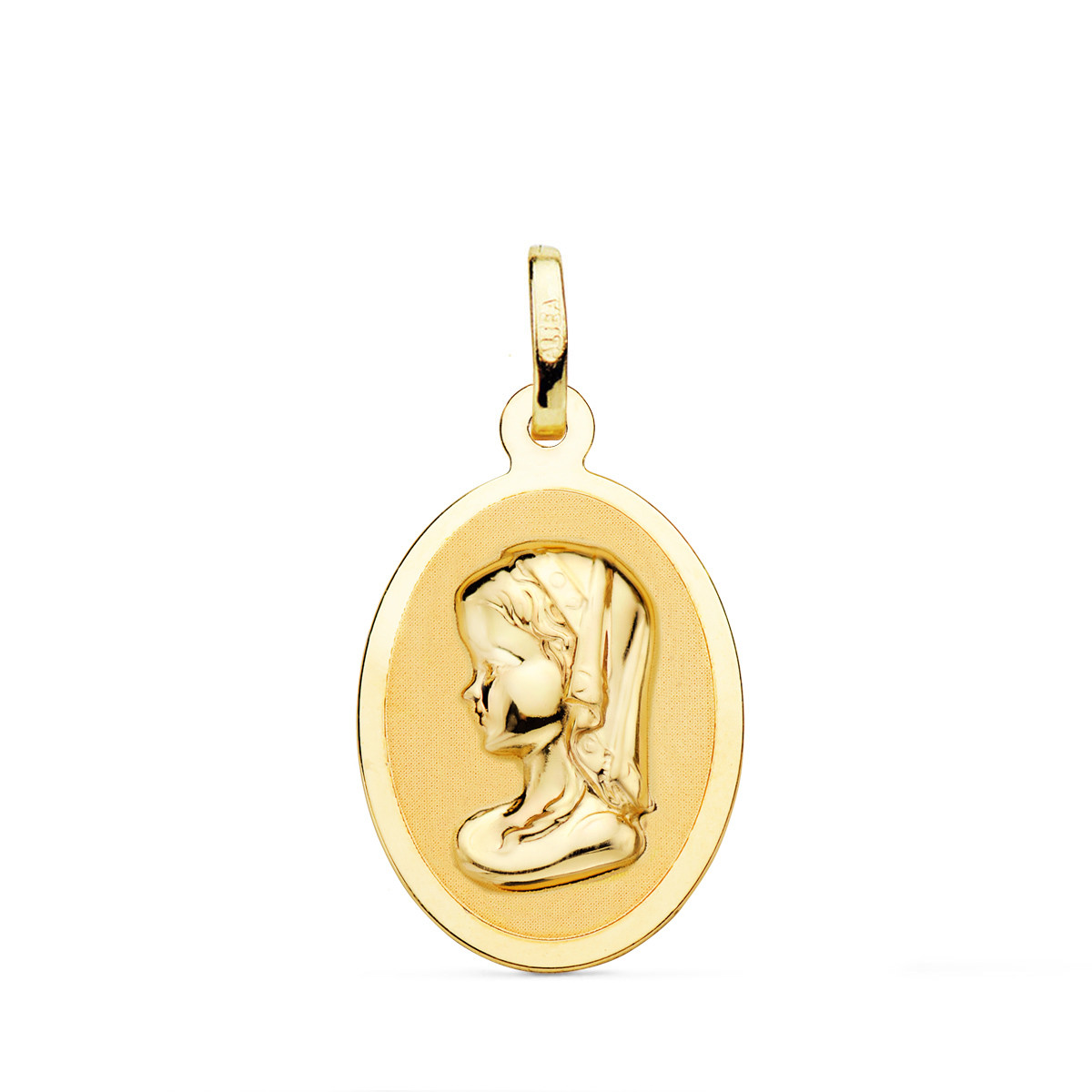 18K MEDALLA ORO AMARILLO VIRGEN NIÑA OVAL EN BRILLO 21X15 MM