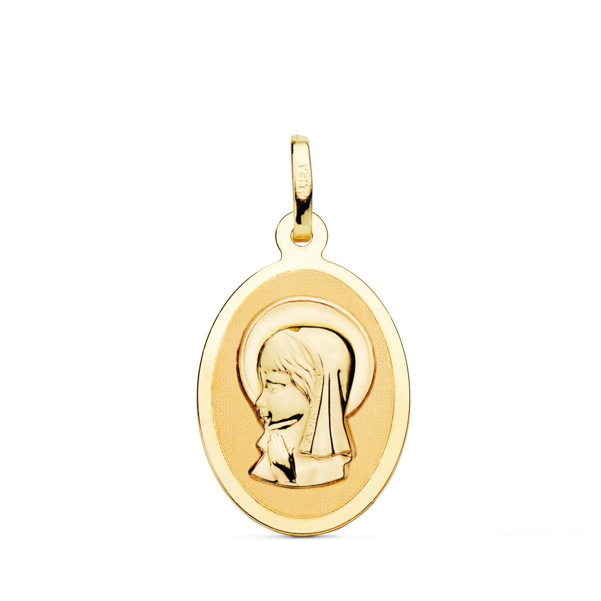 18K MEDALLA ORO AMARILLO VIRGEN NIÑA OVAL EN BRILLO 21X15 MM
