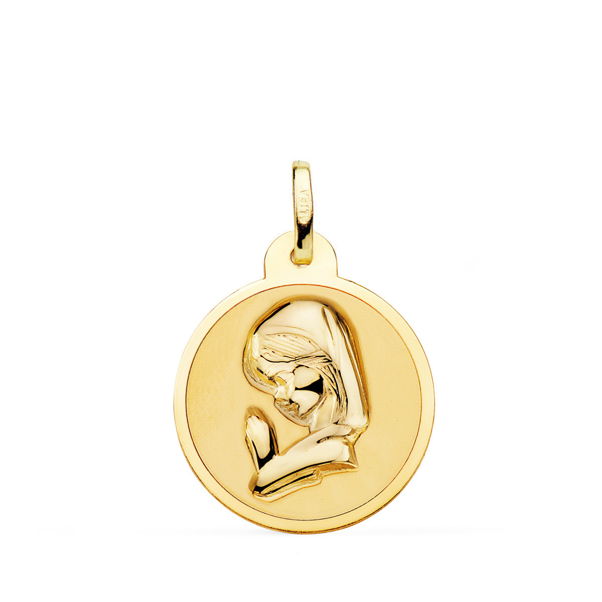 18K MEDALLA ORO AMARILLO VIRGEN NIÑA EN BRILLO 20 MM