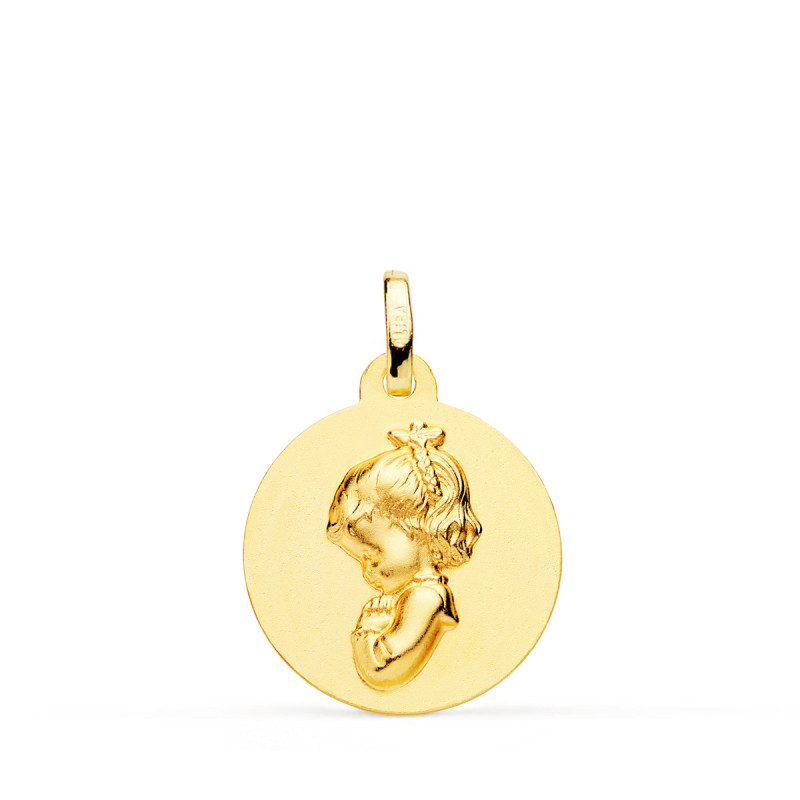 18K MEDALLA ORO AMARILLO VIRGEN NIÑA REZANDO LISA 18 MM