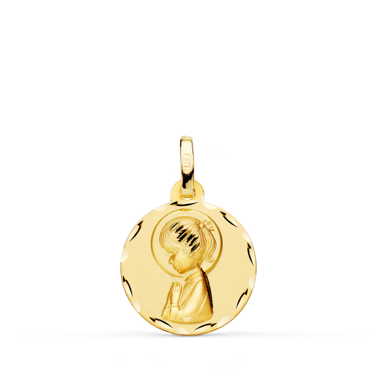 18K MEDALLA ORO AMARILLO VIRGEN NIÑA PERFIL MATIZADA Y TALLADA 16 MM