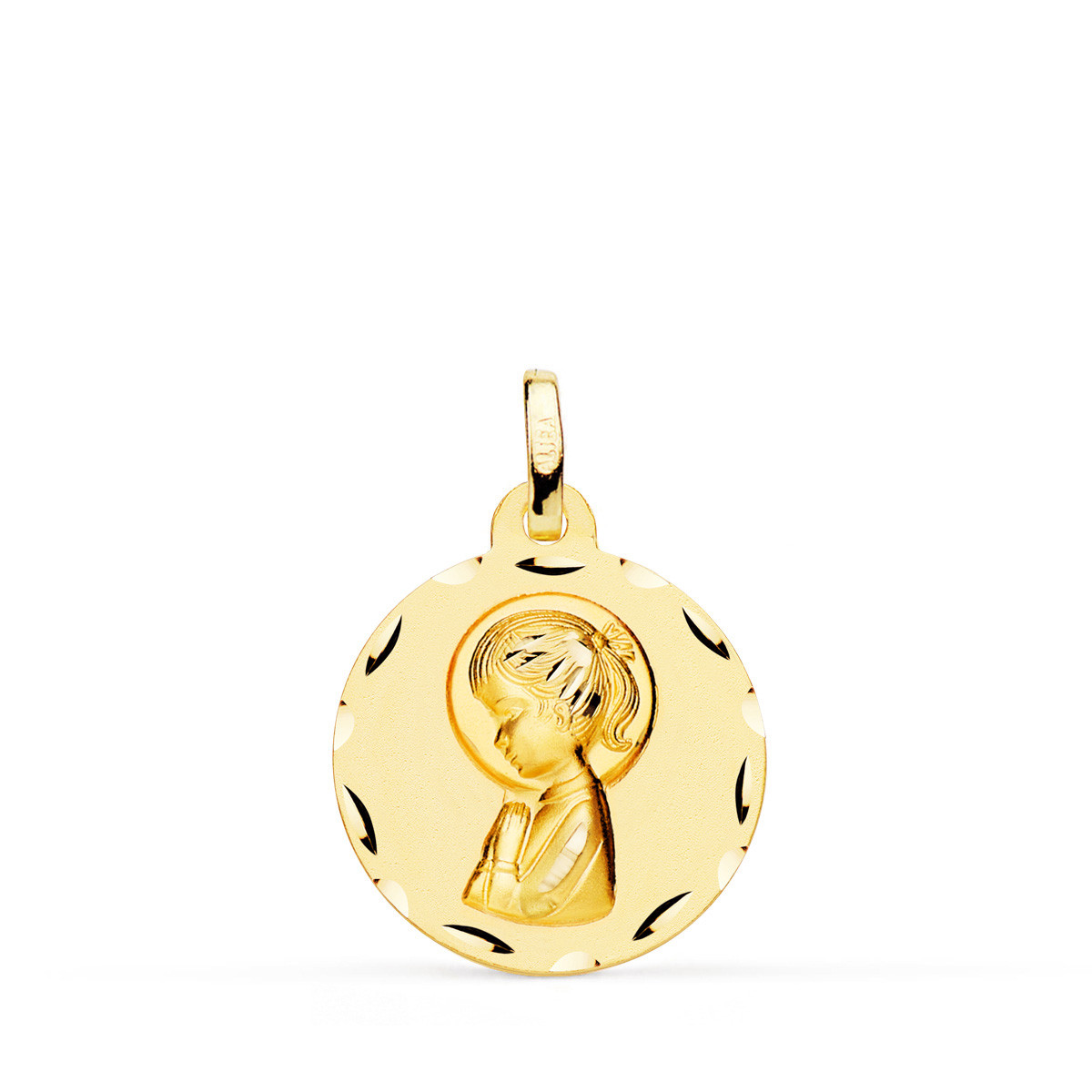 18K MEDALLA ORO AMARILLO VIRGEN NIÑA PERFIL MATIZADA Y TALLADA 18 MM