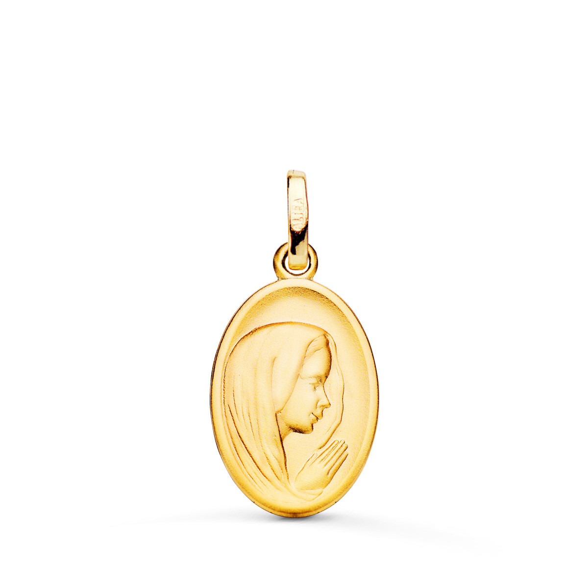 18K MEDALLA ORO AMARILLO VIRGEN NIÑA PERFIL MATIZADA Y TALLADA 16X12 MM