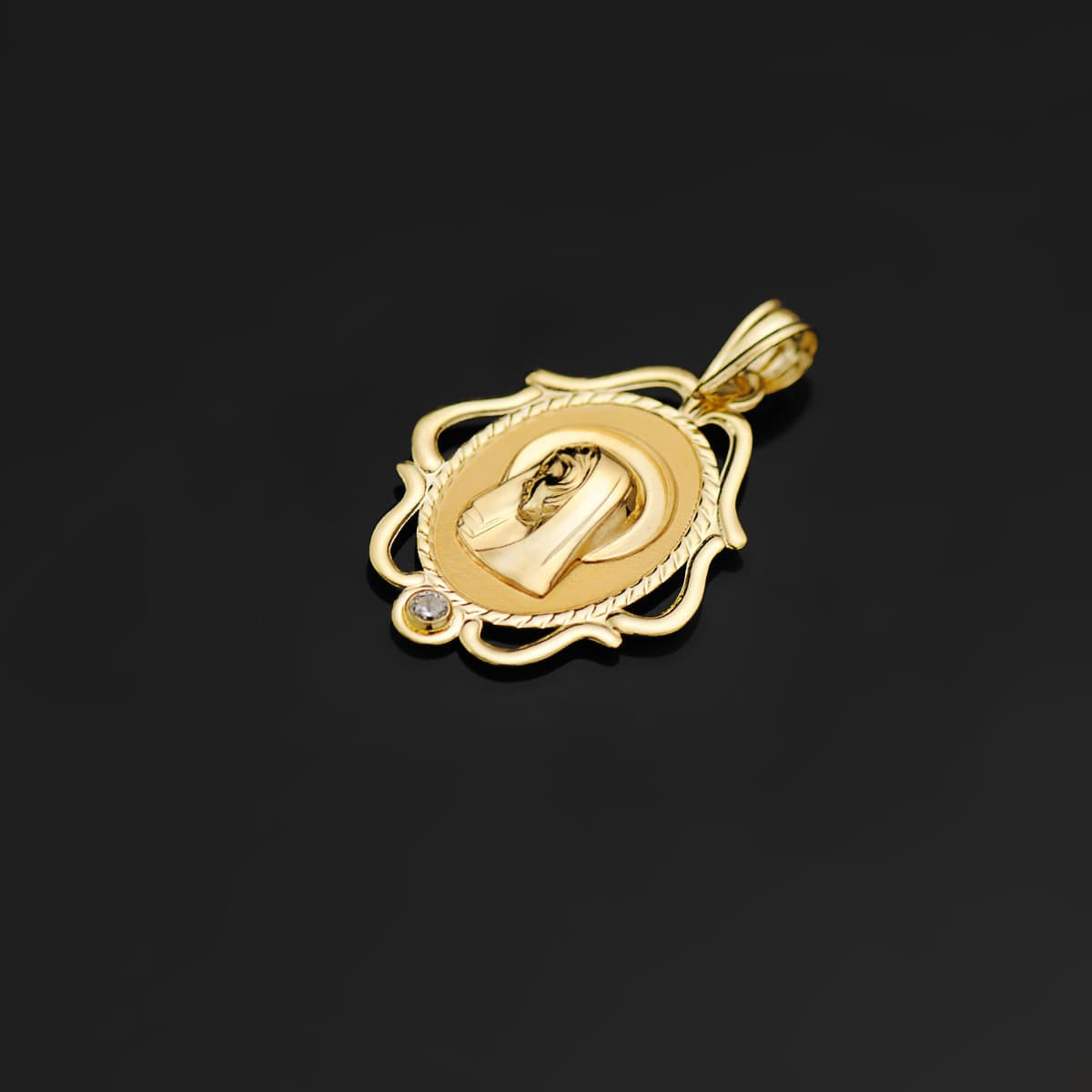 18K MEDALLA ORO AMARILLO VIRGEN NIÑA CERCO CALADO BRILLO CON CIRCONITA 24X17 MM
