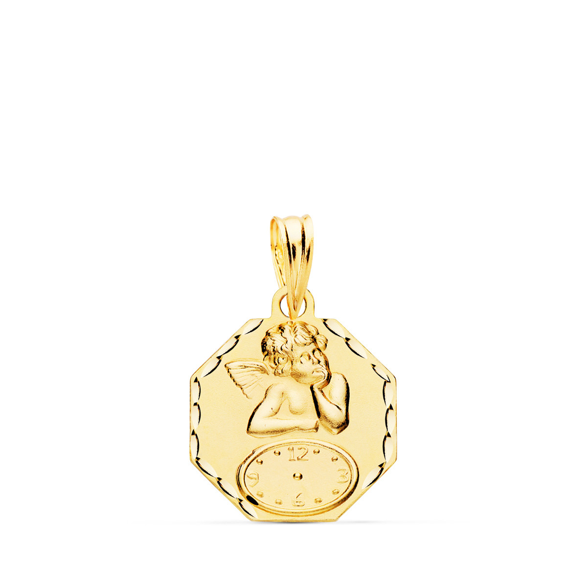 18K MEDALLA ORO AMARILLO OCTOGONAL ANGELITO BURLON CON RELOJ TALLADA 15X15 MM