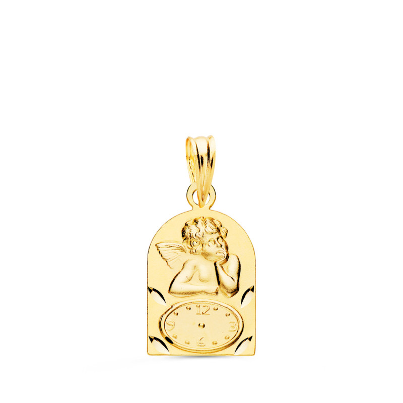 18K MEDALLA ORO AMARILLO ARCO ANGELITO BUROL CON RELOJ TALLADA 18X11 MM