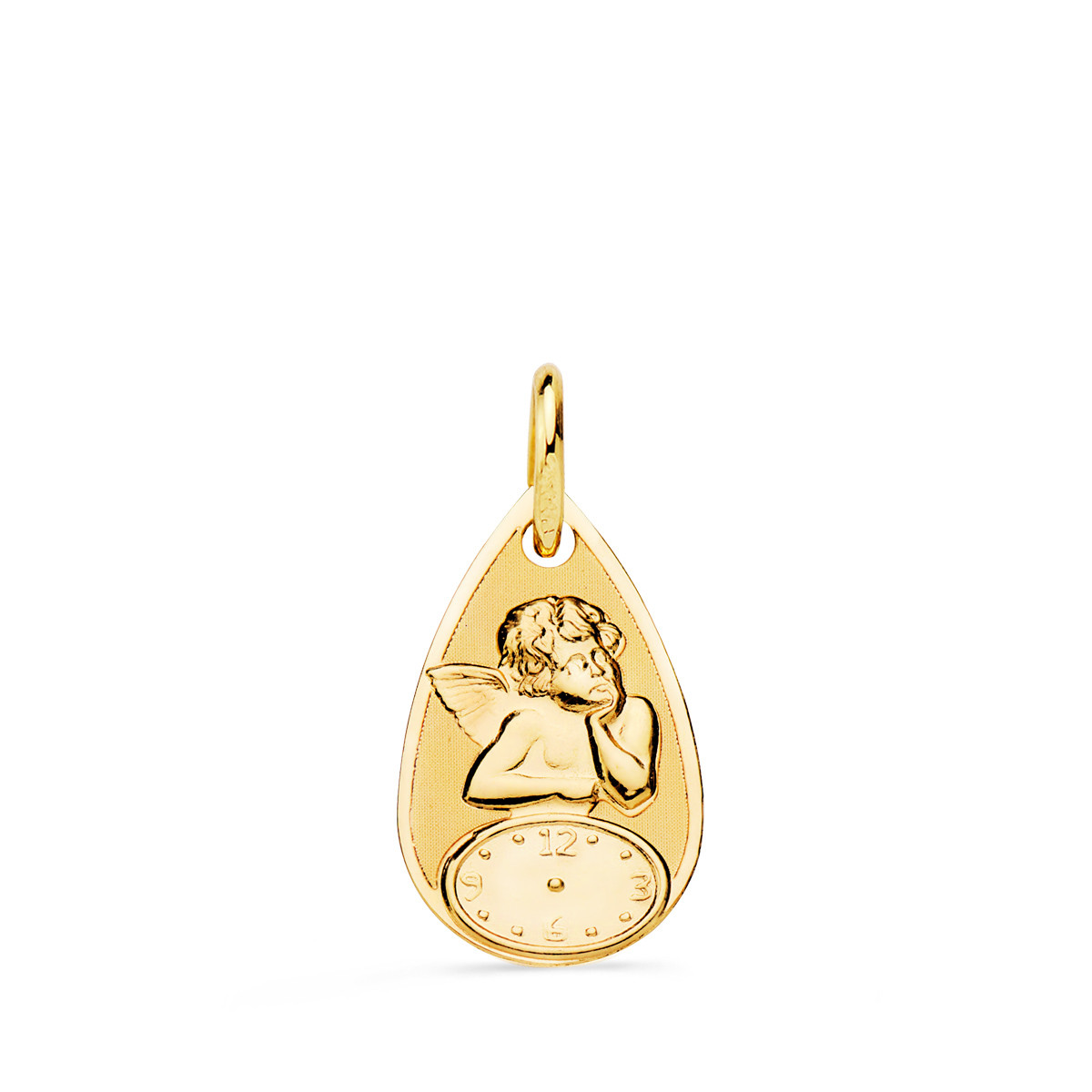 18K MEDALLA ORO AMARILLO GOTA ANGELITO BURLON CON RELOJ BRILLO Y MATE 19X11 MM