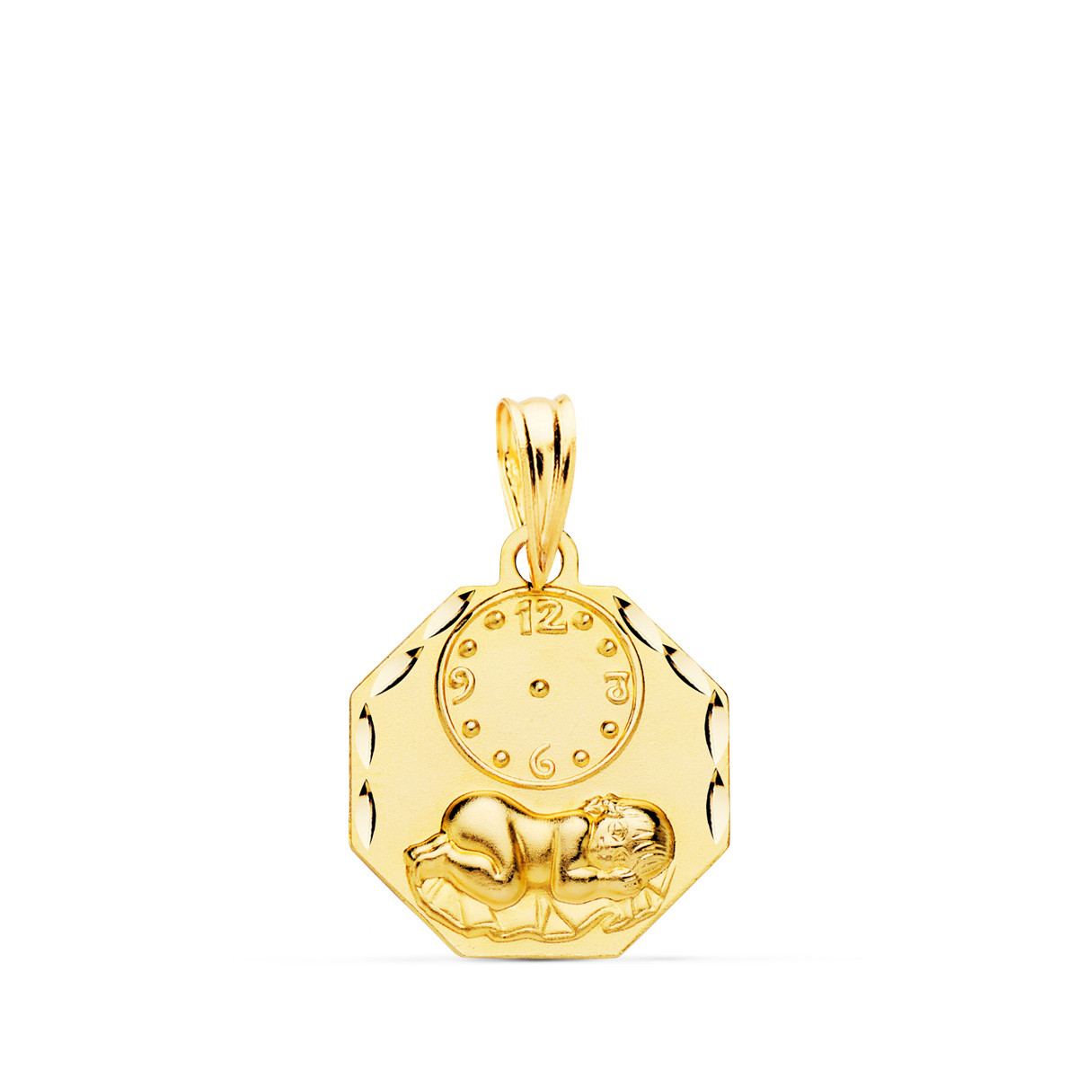 18K MEDALLA ORO AMARILLO OCTOGONAL NIÑO DE LA HORA CON RELOJ TALLADA 15X15 MM
