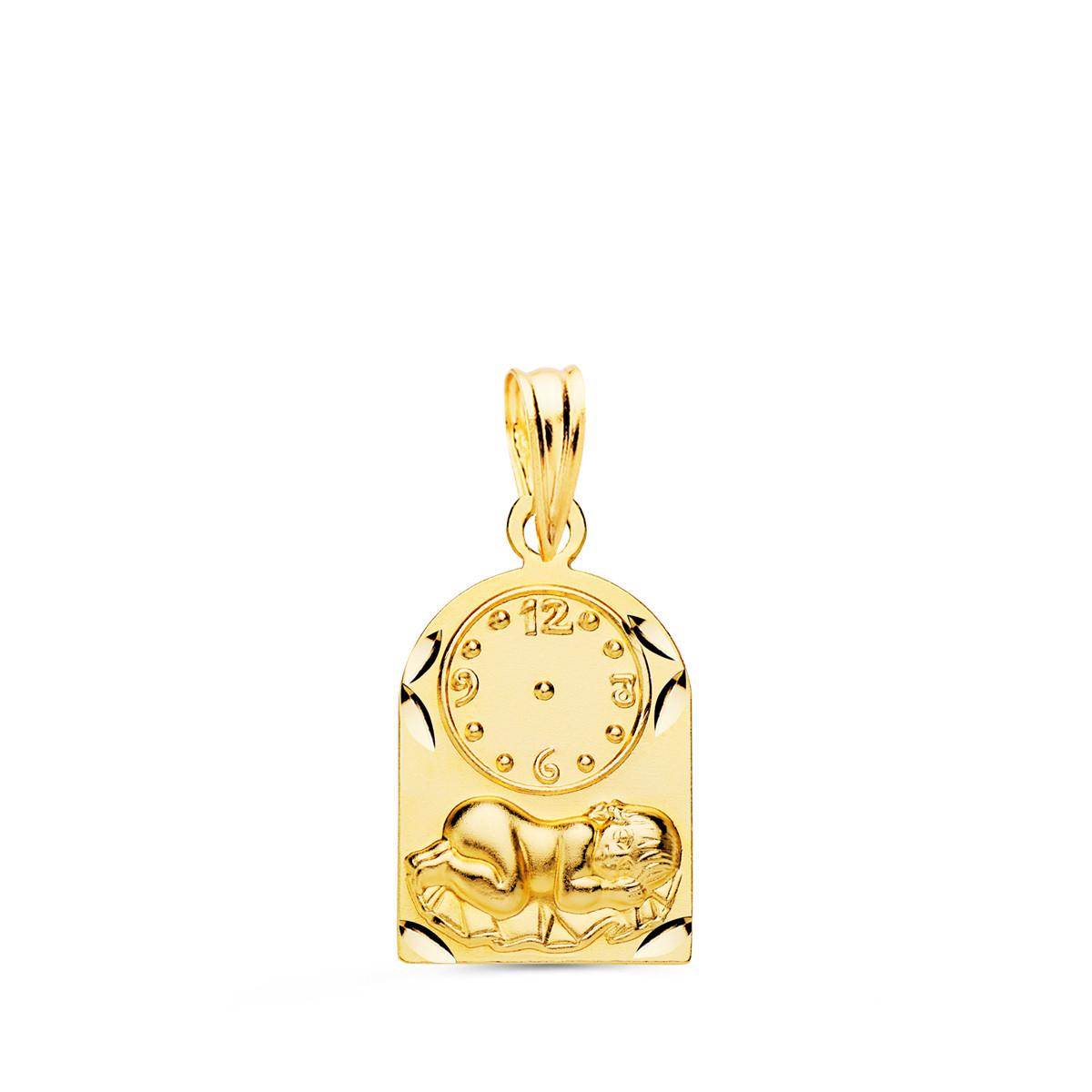 18K MEDALLA ORO AMARILLO ARCO NIÑO DE LA HORA CON RELOJ TALLADA 18X11 MM