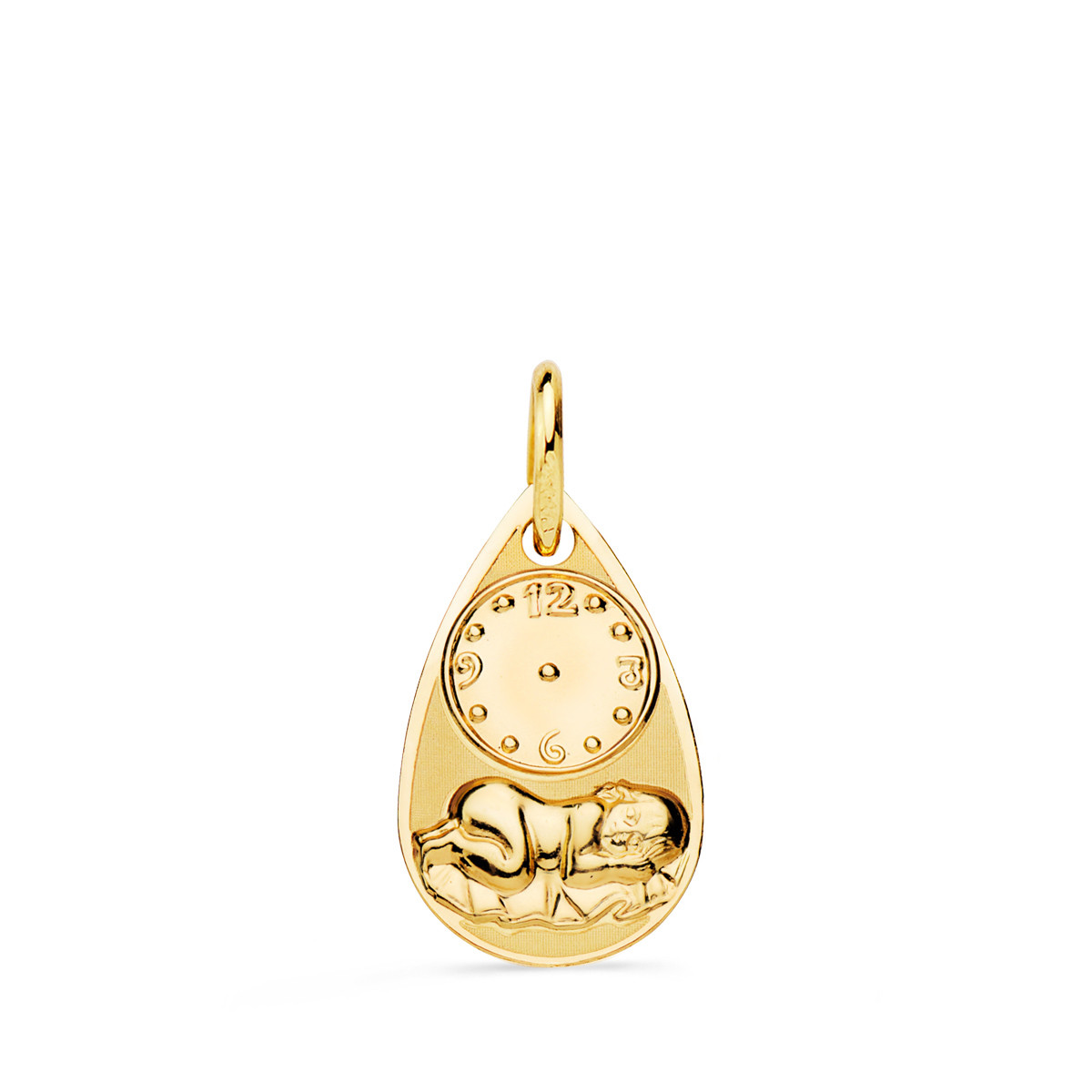 18K MEDALLA ORO AMARILLO GOTA NIÑO DE LA HORA CON RELOJ BRILLO Y MATE 19X11 MM