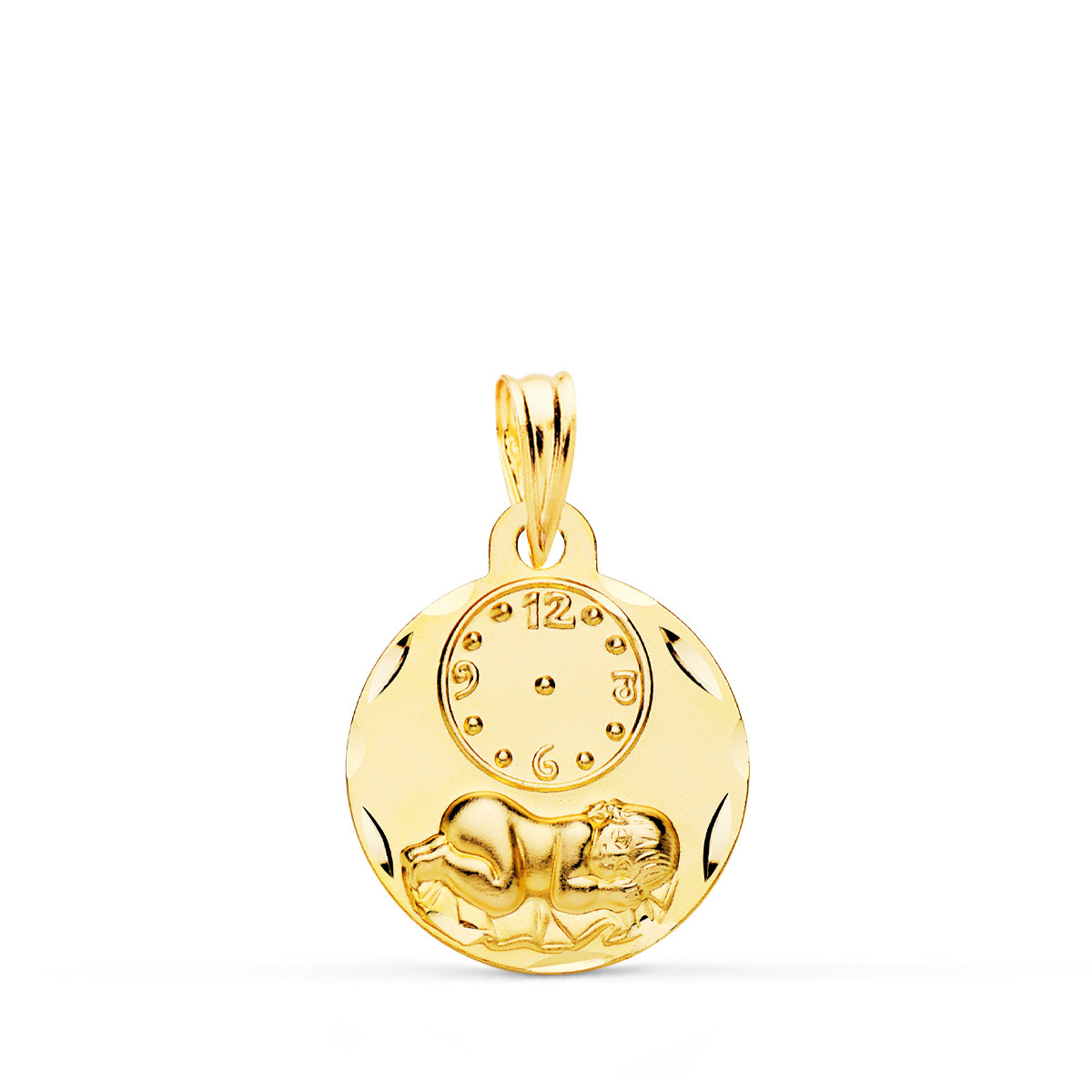 18K MEDALLA ORO AMARILLO REDONDA NIÑO DE LA HORA CON RELOJ TALLADA 15 MM