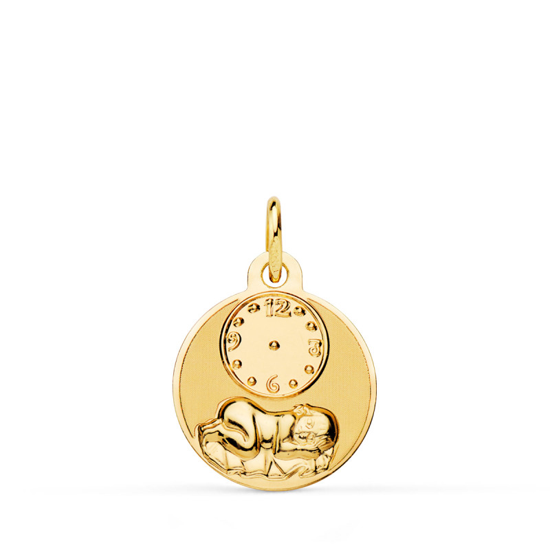 18K MEDALLA ORO AMARILLO REDONDA NIÑO DE LA HORA CON RELOJ BRILLO Y MATE 15 MM