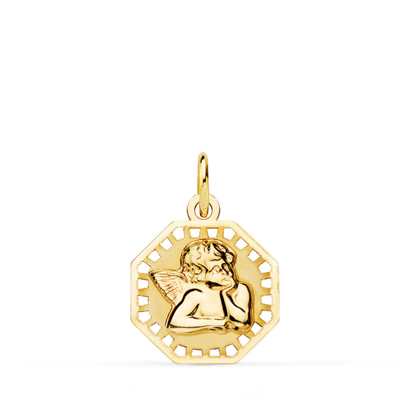 18K MEDALLA ORO AMARILLO OCTOGONAL ANGELITO BURLON BRILLO Y MATE 14X14 MM