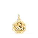 18K MEDALLA ORO AMARILLO OCTOGONAL ANGELITO BURLON BRILLO Y MATE 14X14 MM