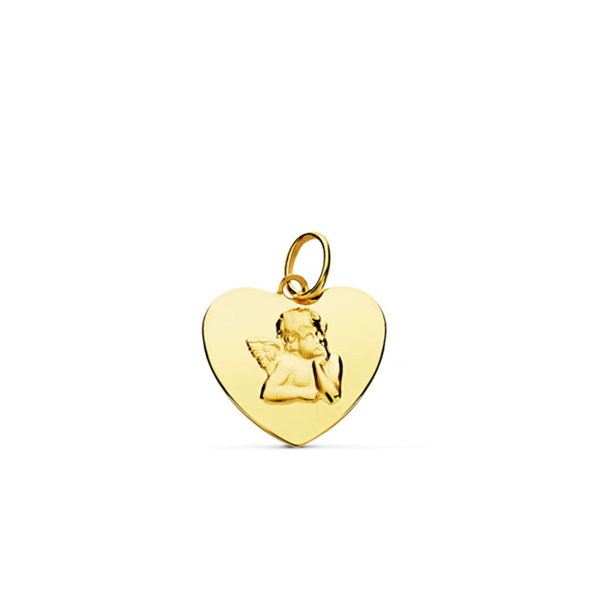 18K COLGANTE ORO AMARILLO CORAZON BRILLO Y ANGELITO BURLON. 14 MM C. AMOR