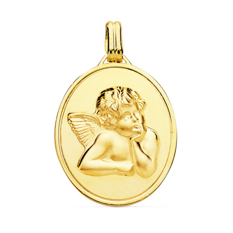 18K COLGANTE MEDALLA ORO AMARILLO ACABADO EN BRILLO Y ANGEL BURLON EN MATIZADO 24X18 MM