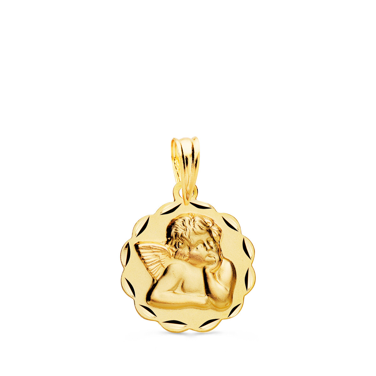 18K MEDALLA ORO AMARILLO ANGELITO BURLON ARCOS TALLADA 14 MM