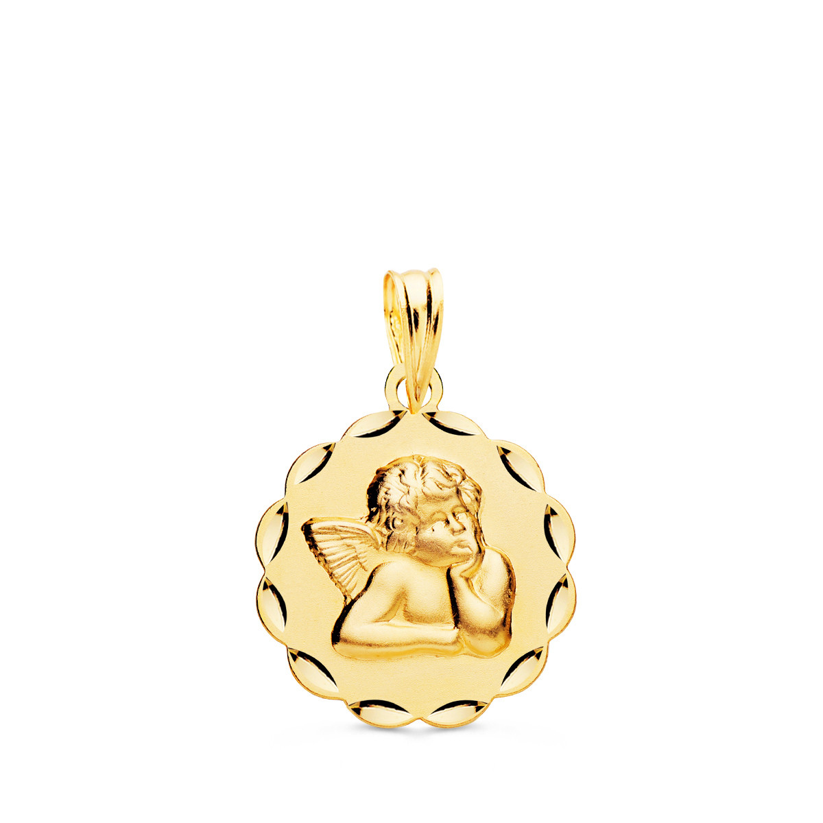 18K MEDALLA ORO AMARILLO ANGELITO BURLON ARCOS TALLADA 17 MM