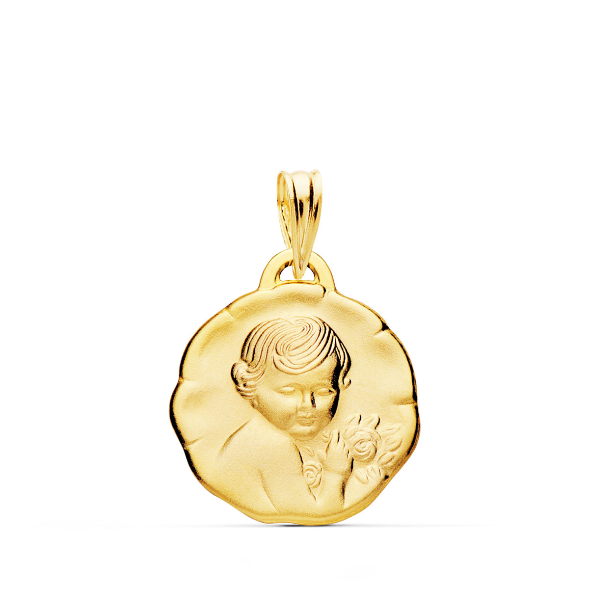 18K MEDALLA ORO AMARILLO ANGEL NIÑO DE LA FLOR 17 MM