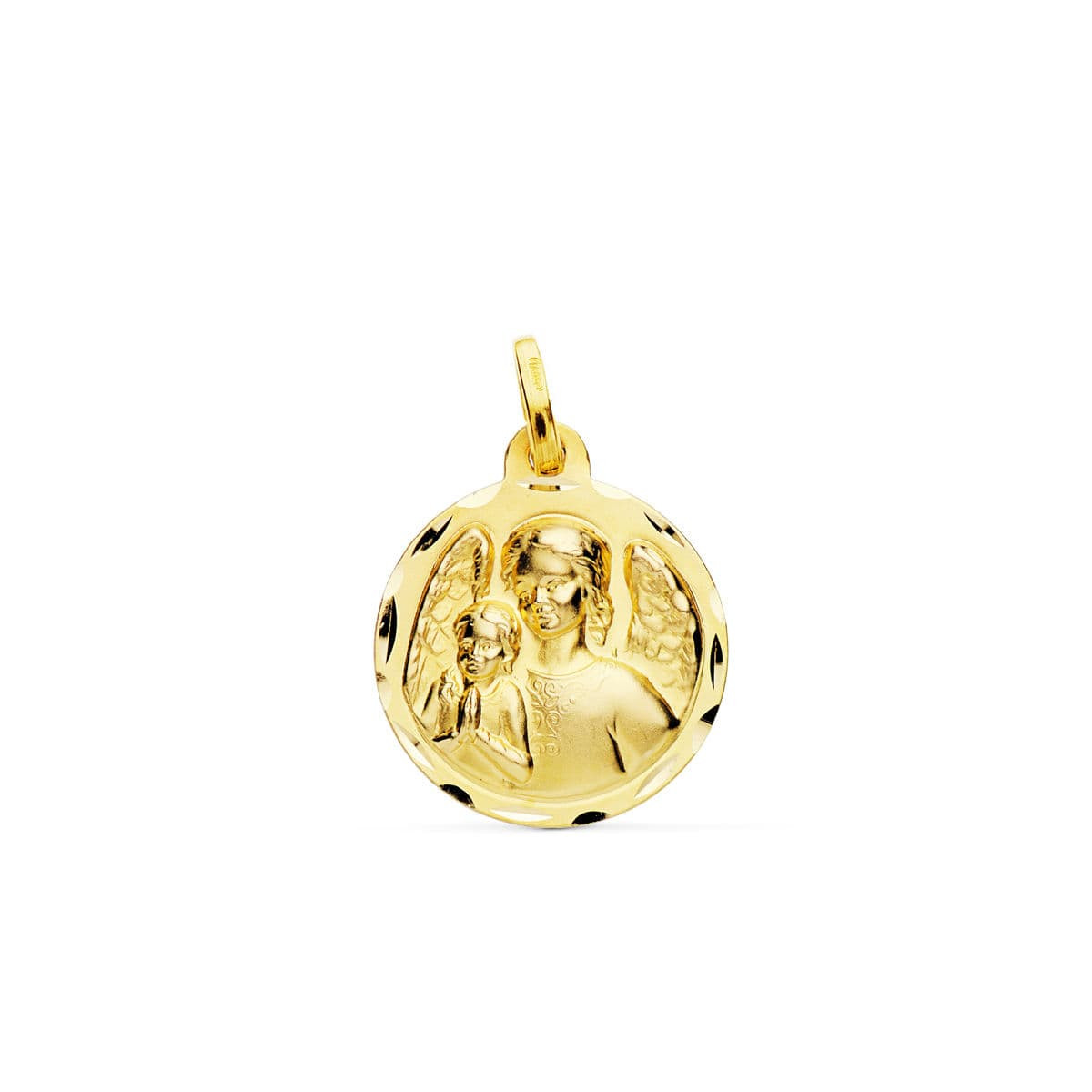 18K MEDALLA ORO AMARILLO ANGEL DE LA GUARDA CON NIÑO TALLADA 18 MM
