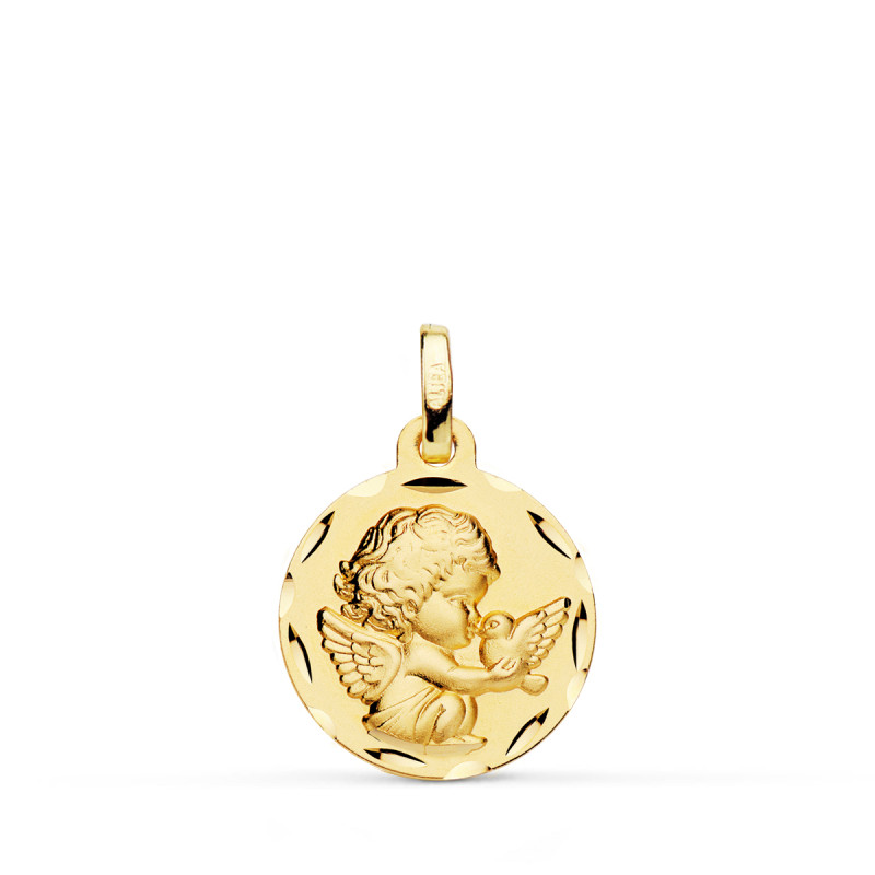 18K MEDALLA ORO AMARILLO ANGEL NIÑO  BURLON CON PALOMA TALLADA 16 MM