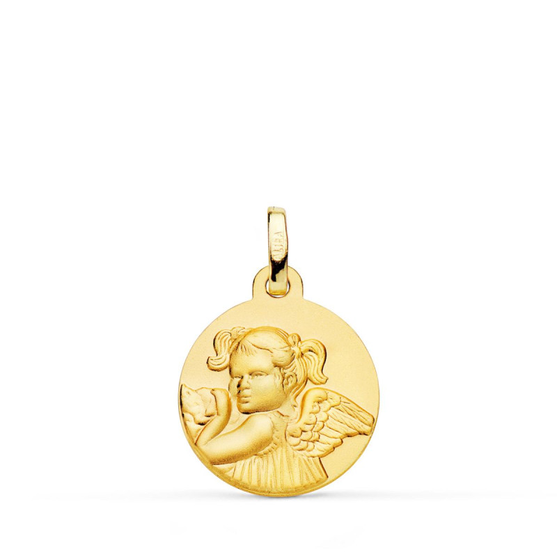 18K MEDALLA ORO AMARILLO ANGEL NIÑA REVOLTOSA MATIZADA 16 MM