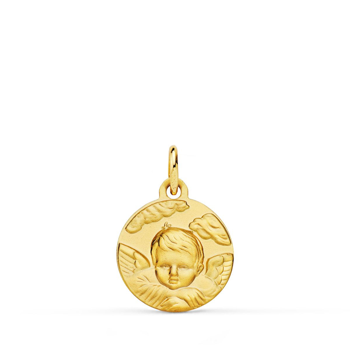 18K MEDALLA ORO AMARILLO ANGEL NIÑO EN LA NUBE MATIZADO. 14 MM