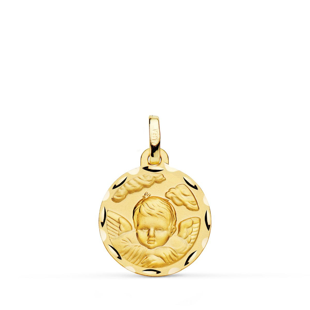 18K MEDALLA ORO AMARILLO ANGEL NIÑO EN LA NUBE TALLADO 16 MM