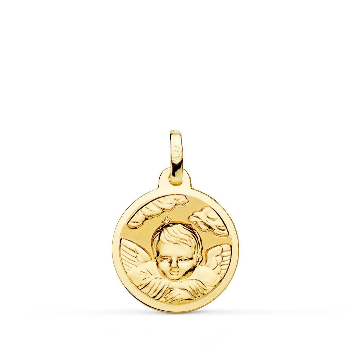 18K MEDALLA ORO AMARILLO ANGEL NIÑO EN LA NUBE BRILLO 16 MM