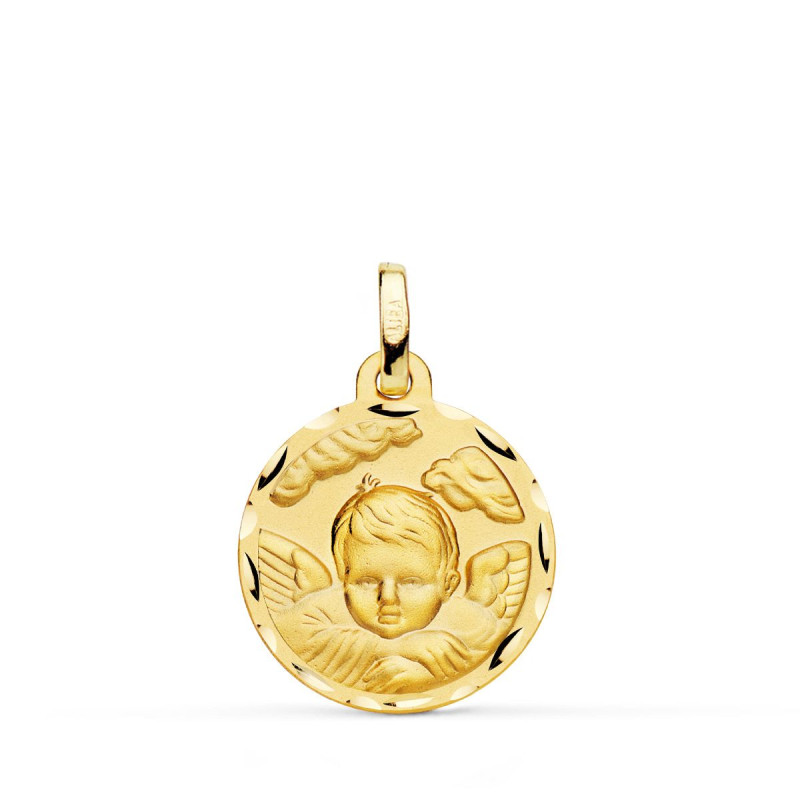 18K MEDALLA ORO AMARILLO ANGEL NIÑO EN LA NUBE TALLADO 18 MM