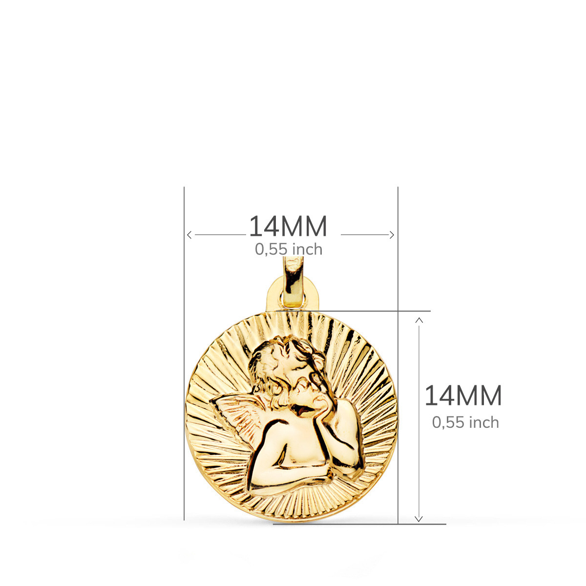 18K MEDALLA ORO AMARILLO ANGELITO BURLON ESTRIADO EN BRILLO 14 MM