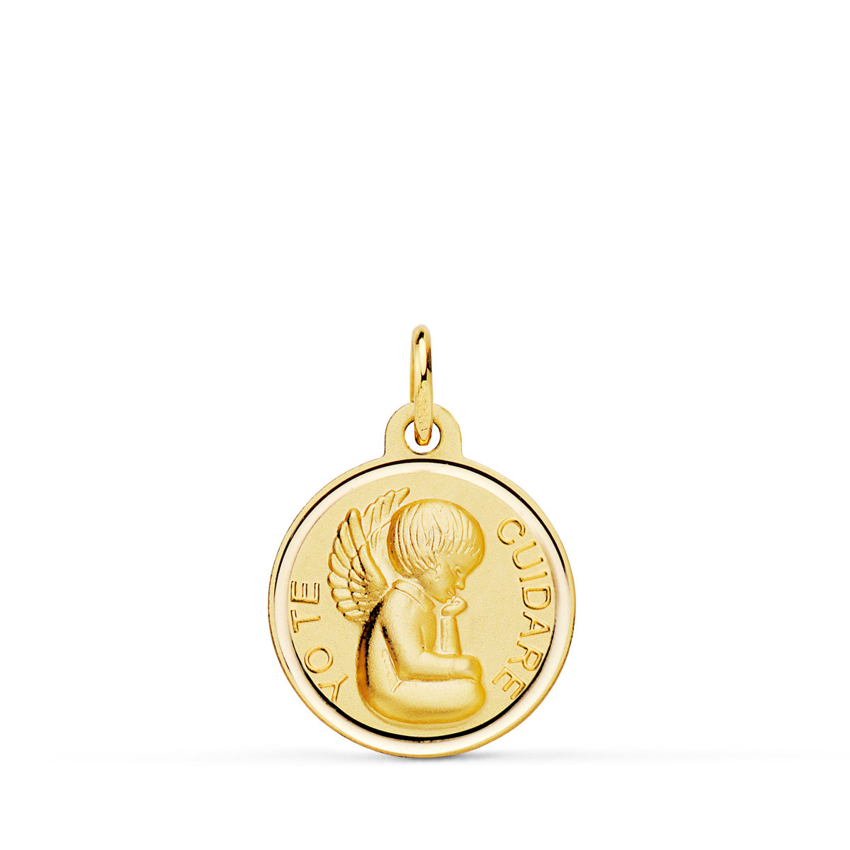 18K MEDALLA ORO AMARILLO ANGELITO "YO TE CUIDARE" BISEL. MEDIDA: 16 MM