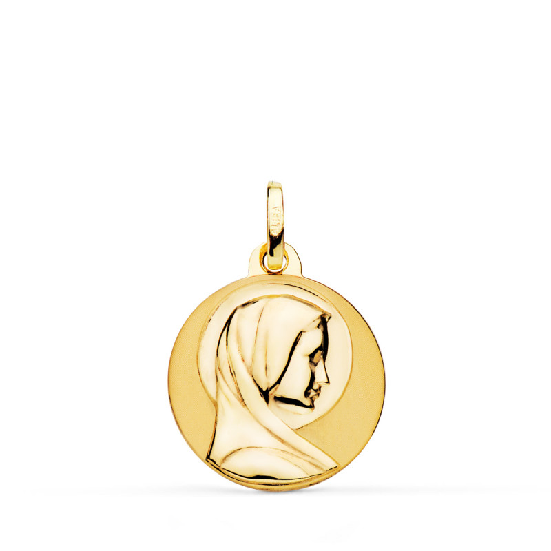 18K MEDALLA ORO AMARILLO MARIA FRANCESA LISA MATIZADA Y BRILLO  18 MM