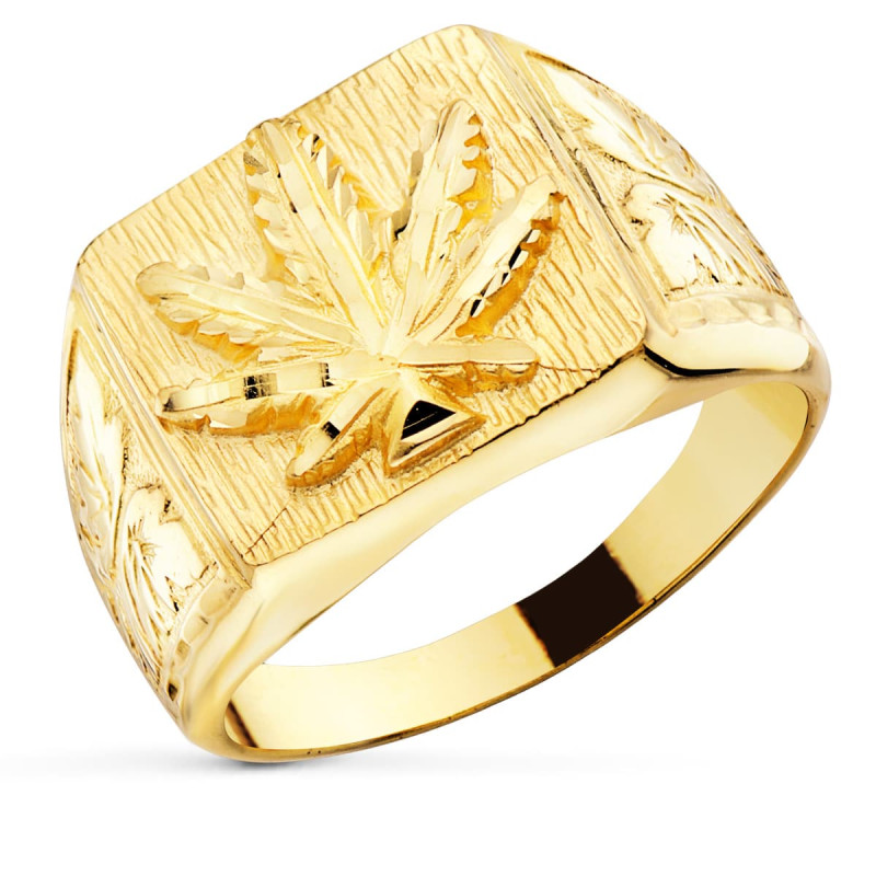 18K SELLO ORO AMARILLO MACIZO RECTANGULAR HOJA MARIHUANA 15X14 MM
