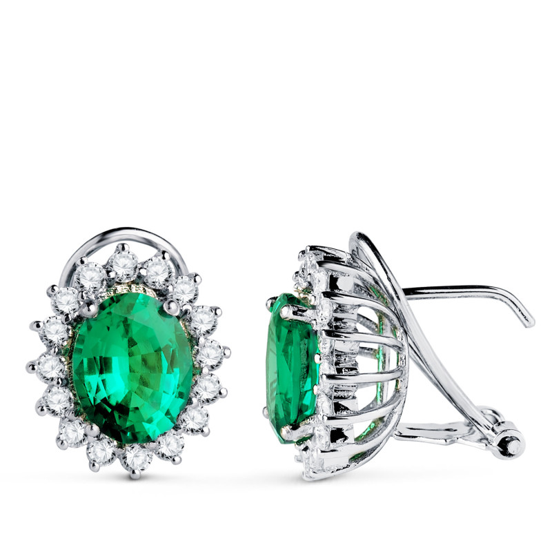 18K PENDIENTES ORO BLANCO 32 DIAMANTES DE LABORATORIO Y ESMERALDA 9X7 MM 3,62 QTS 1,12 QTS. VS2-G. CIERRE OMEGA 14X12 MM
