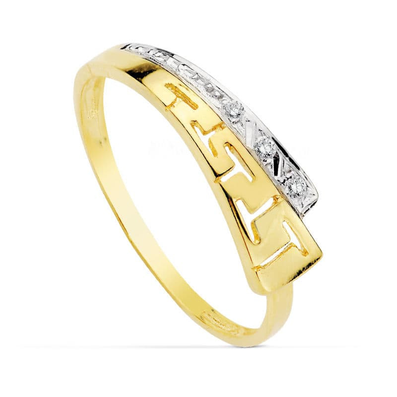 18K SORTIJA ORO BICOLOR CON MOTIVO DE GRECA Y CIRCONITAS