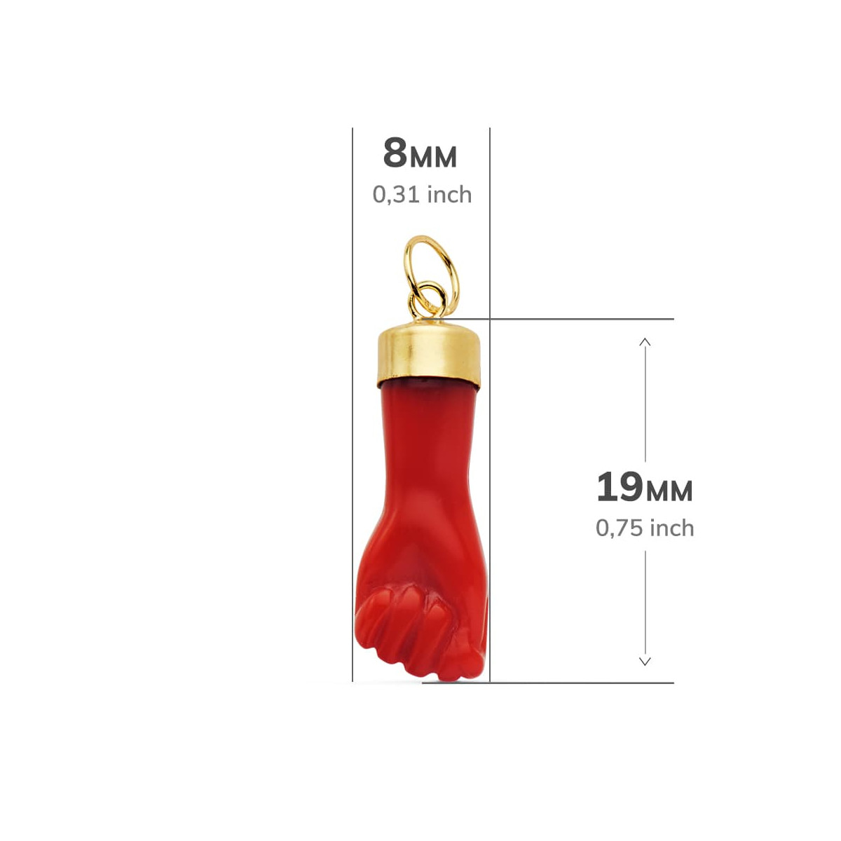 18K COLGANTE ORO AMARILLO HIGA MANO ROJA 19X8 MM