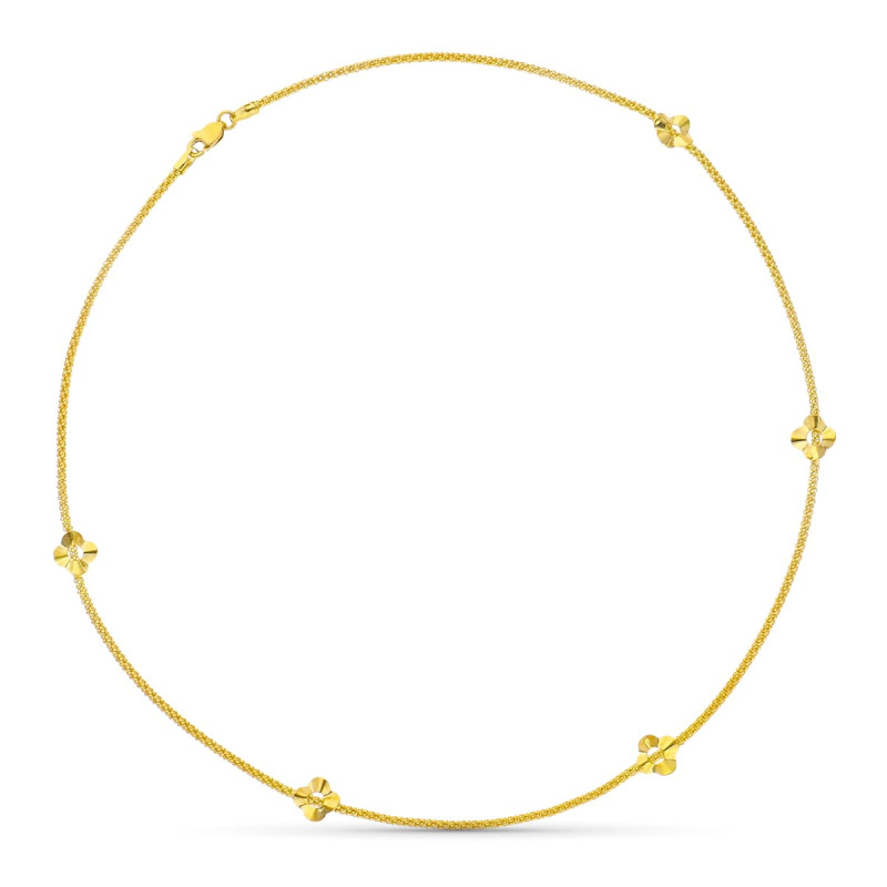 18K COLLAR ORO AMARILLO FLORES Y CADENA REDONDA ESPIGA 45CM