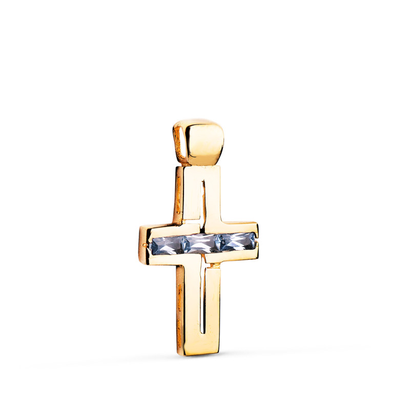 18K CRUZ ORO AMARILLO PIEDRAS BAGUETTE CIRCONITAS COLOR AGUAMARINA. 25 X 13 MM