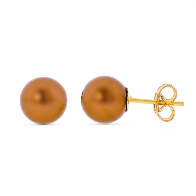 18K PENDIENTES ORO AMARILLO PERLA CHOCOLATE 8 MM CIERRE PRESION